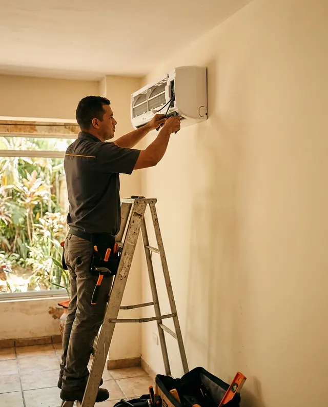 Técnico instalando un aire acondicionado tipo split