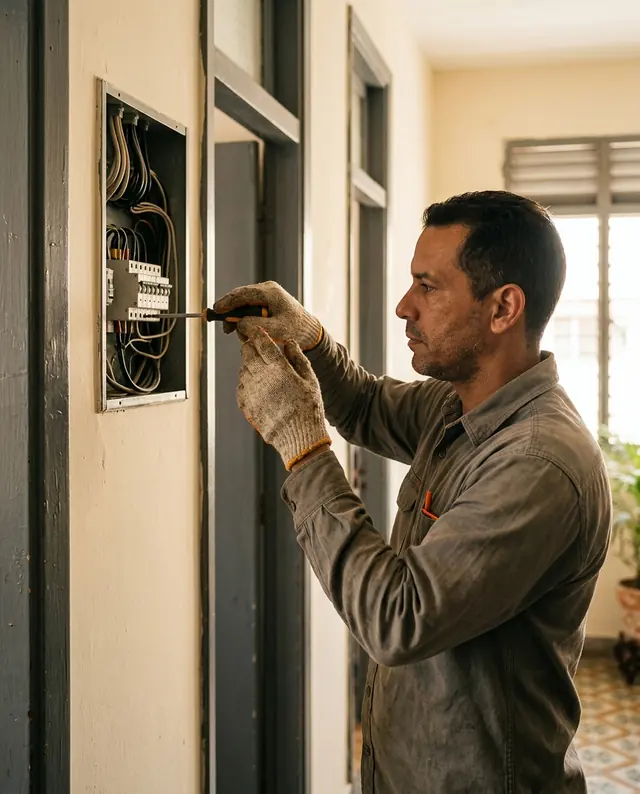 Electricista revisando un tablero eléctrico