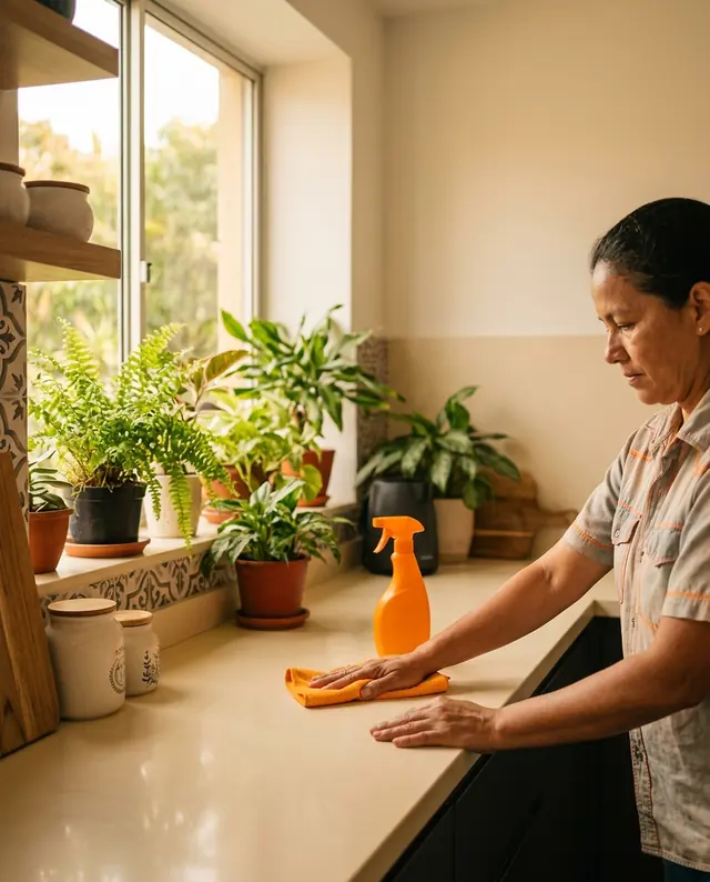 Mujer limpiando la cocina de una casa