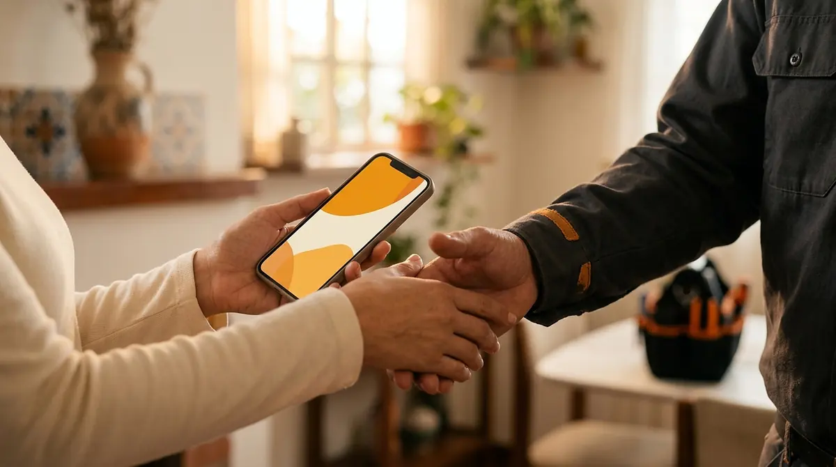 Cliente pagando a un técnico desde su teléfono