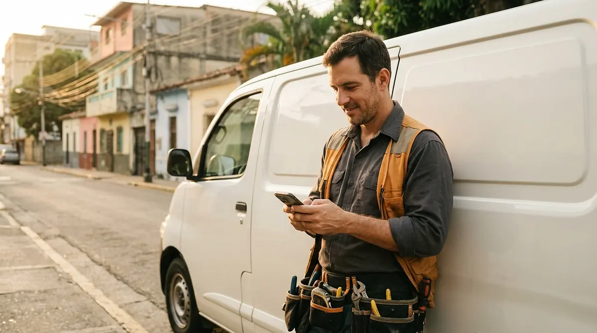 Técnico profesional junto a su camioneta revisando solicitudes en su teléfono