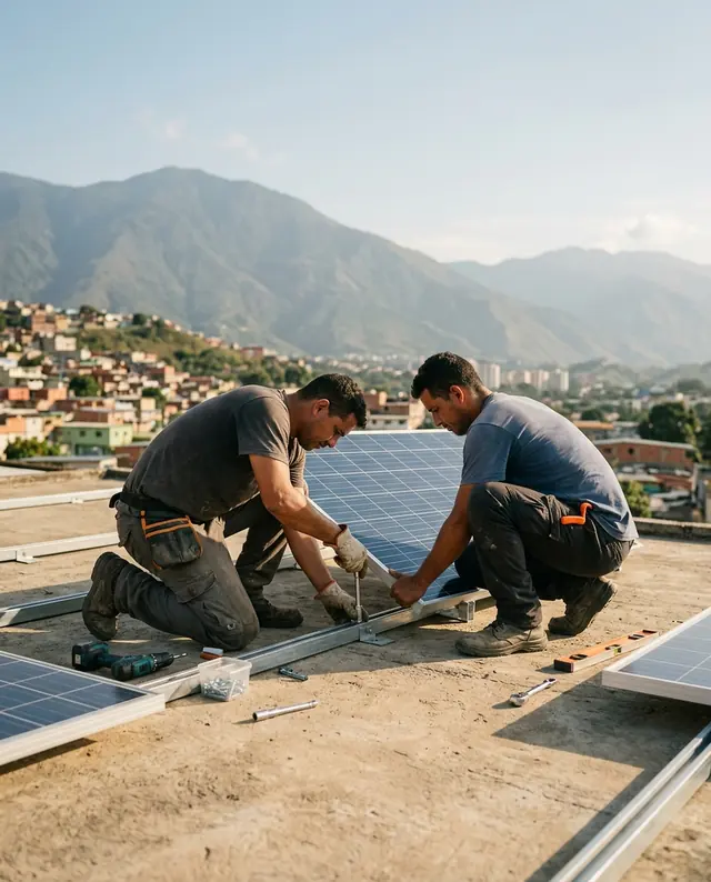 Técnicos instalando paneles solares en una azotea
